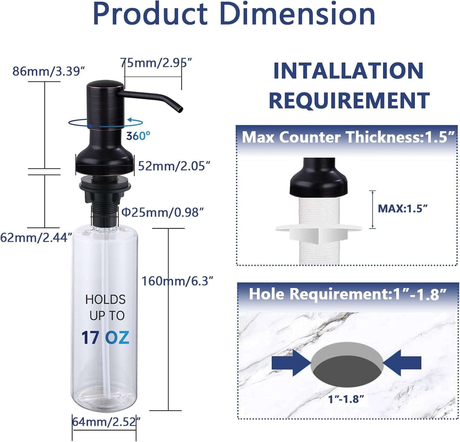 Built in Soap Dispenser for Kitchen Sink,Stainless Steel Pump Head Long Spout with 17Oz PET Food Safe Material Soap Bottle, Oil Rubber Bronze Finish Sink Kitchen Soap Dispenser Refill from the Top