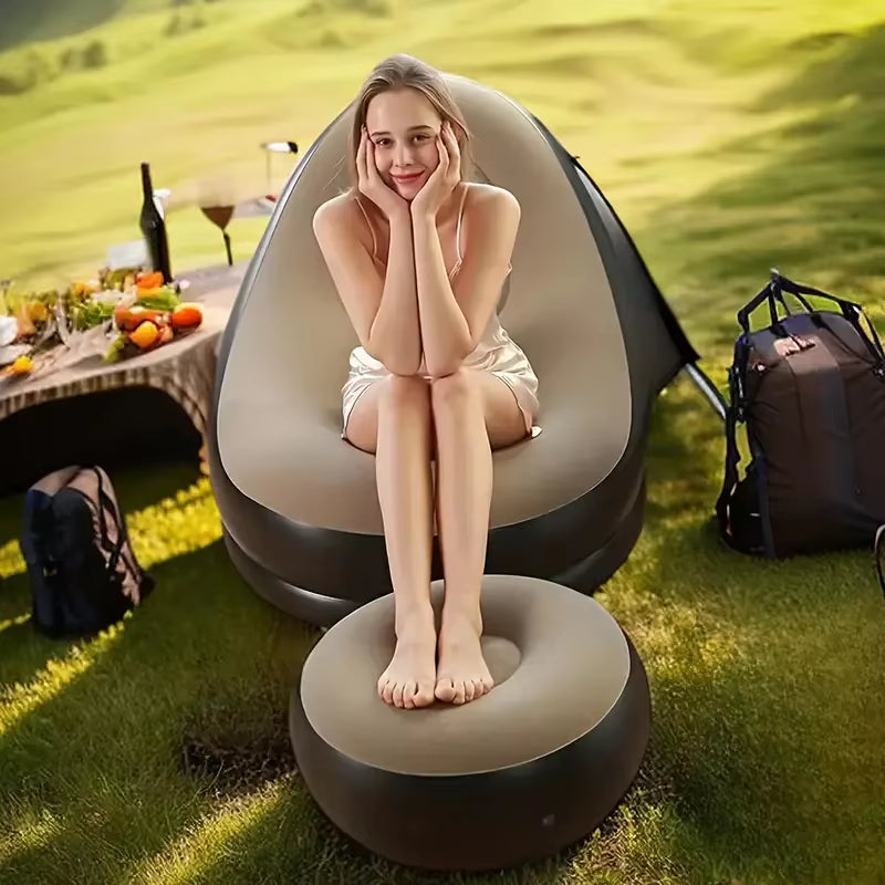 2Pcs Lazy Sofa Inflatable Chair Folding Recliner (Sofa + Footrest) Outdoor Sofa Bed with Footrest Indoor and Outdoor Portable Folding Air Mattress Lunch Break Leisure Chair Set