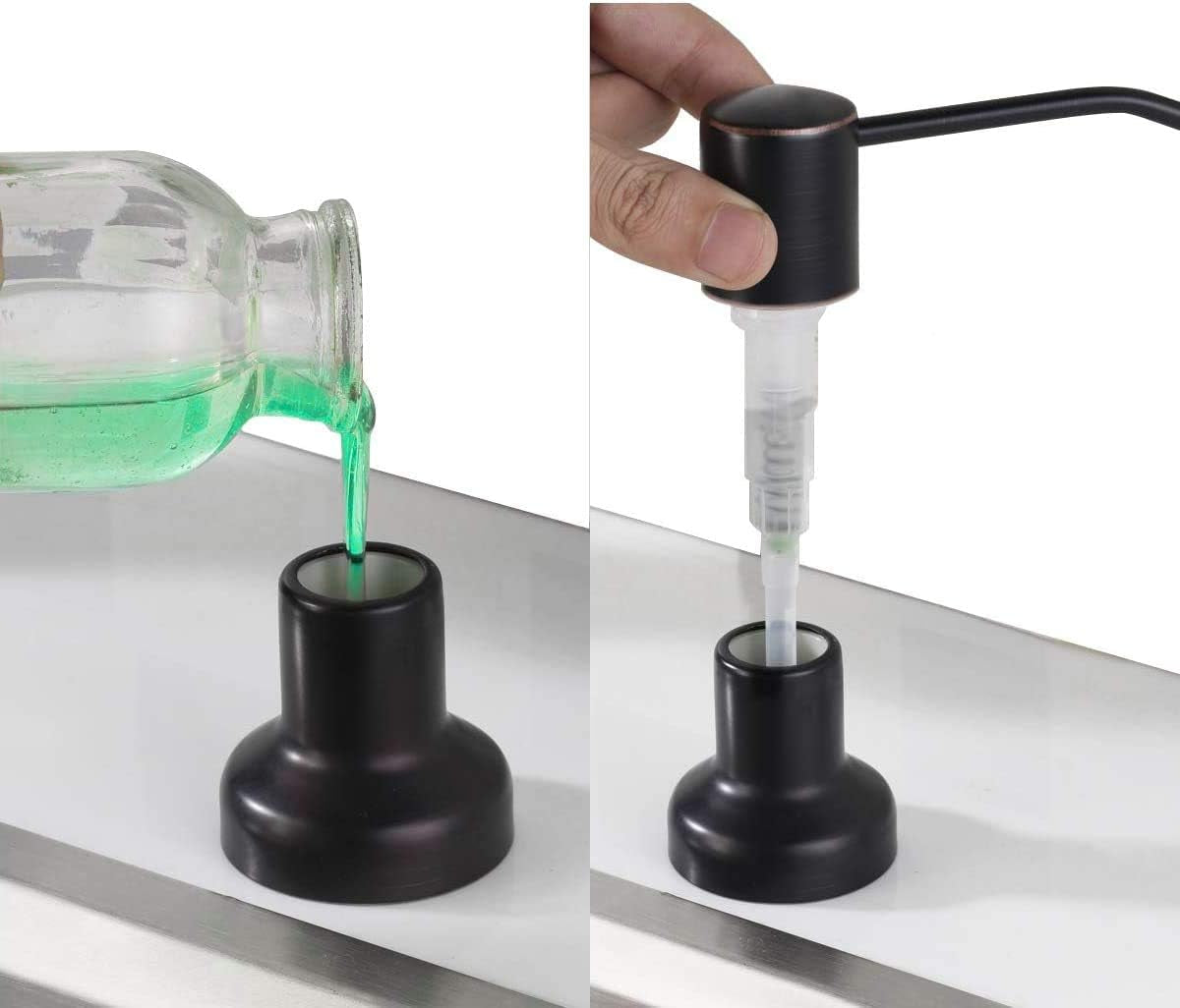 Built in Soap Dispenser for Kitchen Sink,Stainless Steel Pump Head Long Spout with 17Oz PET Food Safe Material Soap Bottle, Oil Rubber Bronze Finish Sink Kitchen Soap Dispenser Refill from the Top