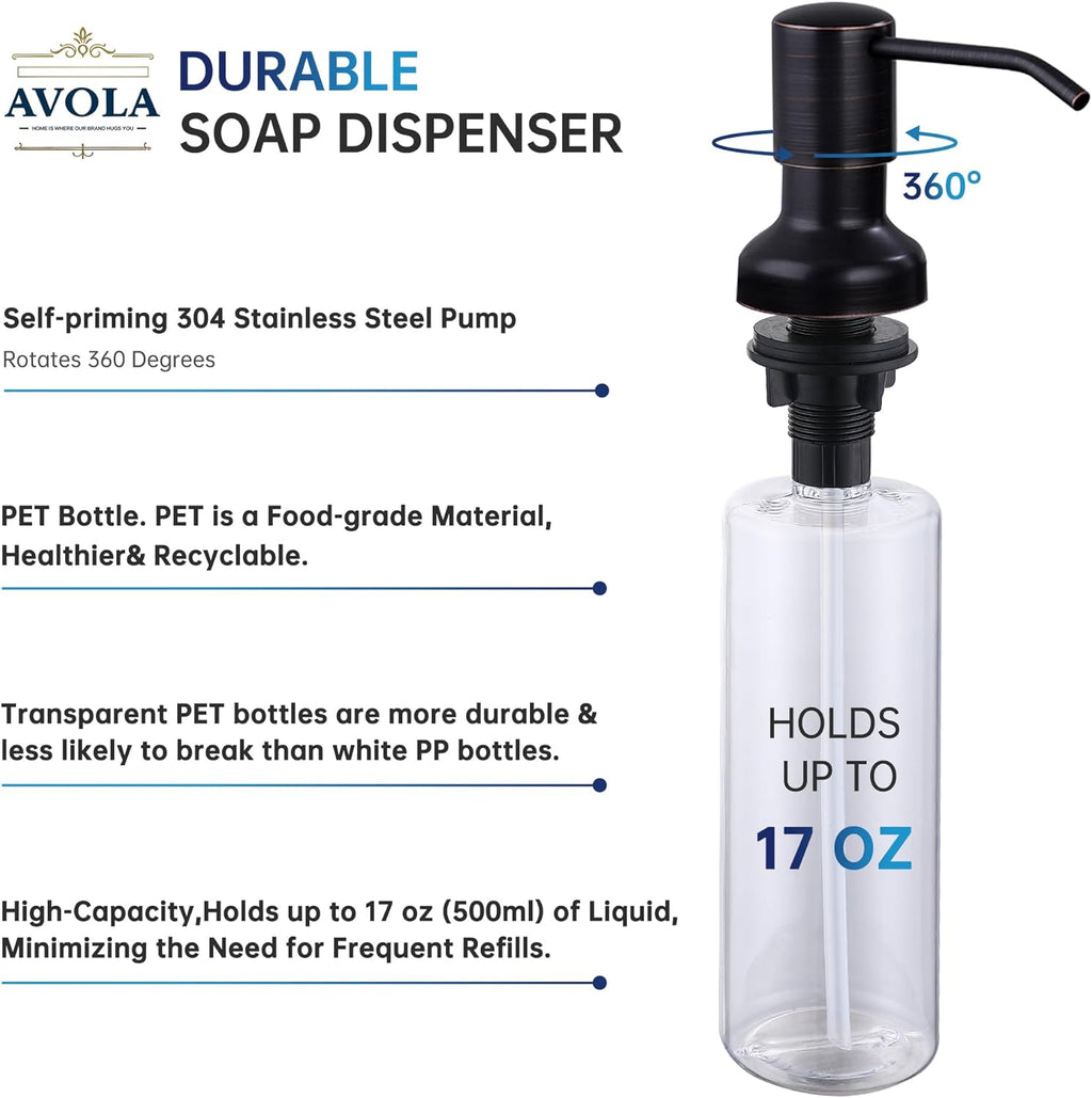 Built in Soap Dispenser for Kitchen Sink,Stainless Steel Pump Head Long Spout with 17Oz PET Food Safe Material Soap Bottle, Oil Rubber Bronze Finish Sink Kitchen Soap Dispenser Refill from the Top