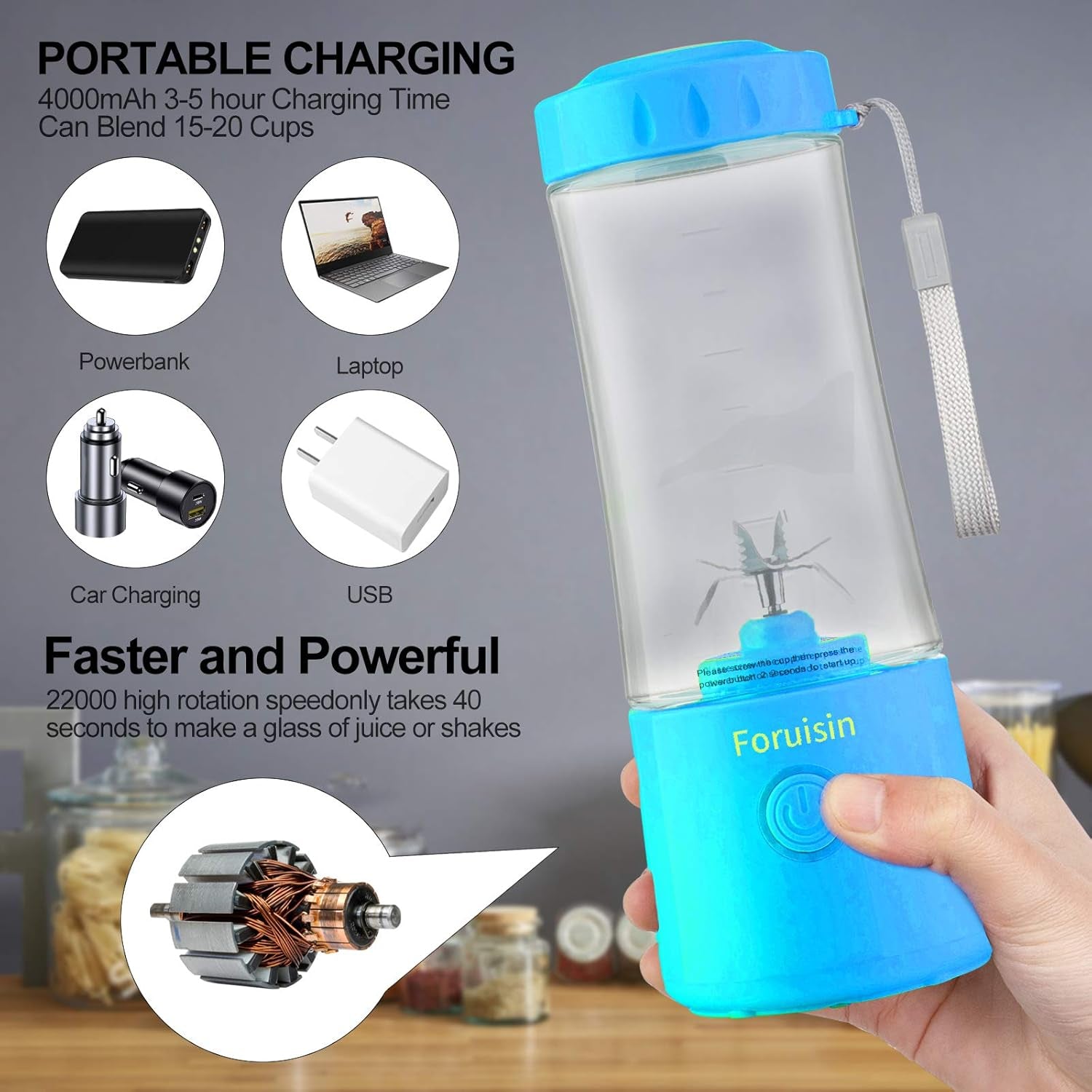 Portable Blender, Personal Blender 14 OZ Smoothie Maker Blender, Personal Smoothie Mixer, Usb Rechargeble Baby Milkshake Mixing with Six Blades, Blue