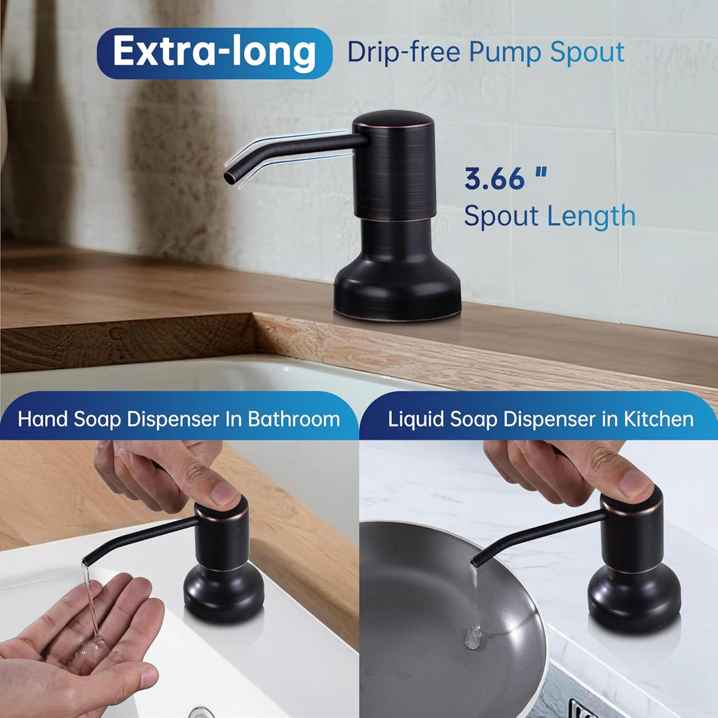 Built in Soap Dispenser for Kitchen Sink,Stainless Steel Pump Head Long Spout with 17Oz PET Food Safe Material Soap Bottle, Oil Rubber Bronze Finish Sink Kitchen Soap Dispenser Refill from the Top