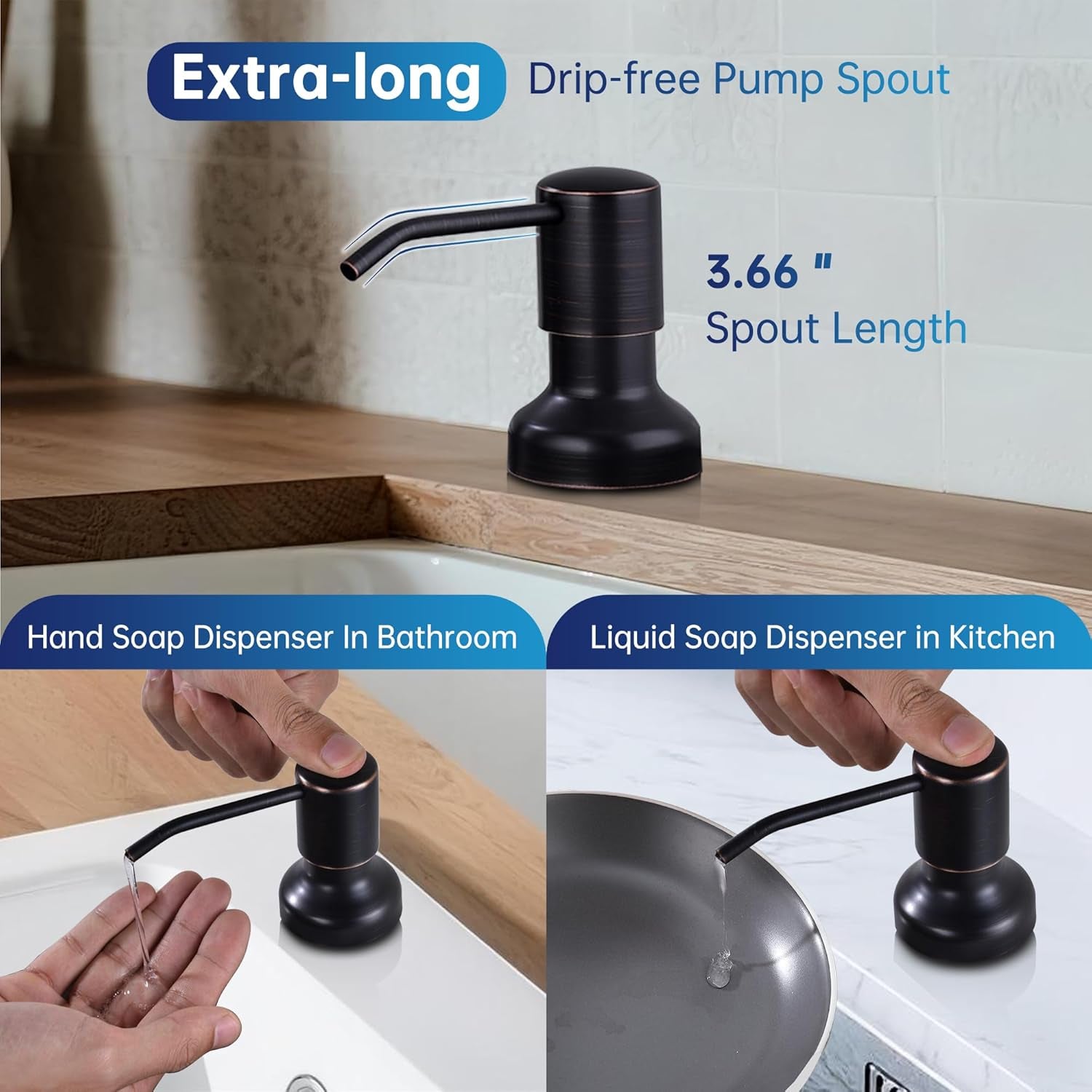 Built in Soap Dispenser for Kitchen Sink,Stainless Steel Pump Head Long Spout with 17Oz PET Food Safe Material Soap Bottle, Oil Rubber Bronze Finish Sink Kitchen Soap Dispenser Refill from the Top